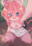  2019 anthro blue_eyes blush breasts censored clothed clothing crouching female fur hair hi_res looking_at_viewer mammal mouse nipples open_mouth outside partially_clothed pink_fur pink_hair pussy rodent selfie small_breasts solo youki 