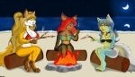  anthro beach bikini blue_fur bonfire breasts brown_fur canid canine canis clothing doberman domestic_dog ear_piercing ear_ring felid feline female fox fur group hair low_res mammal marshmallow moon piercing ponytail red_hair sea seaside swimsuit water yellow_fur 