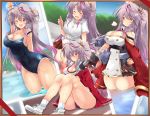  1girl alternate_costume arm_up azur_lane blush blush_stickers breasts buruma cape cleavage commentary_request eyes_closed grenville_(azur_lane) gym_uniform highres large_breasts long_hair looking_at_viewer one_eye_closed orange_eyes pool purple_hair school_swimsuit school_uniform side_ponytail sitting sky solo swimsuit thighs tonchinkan wet 
