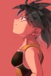  1girl armor arms_at_sides bare_arms bare_shoulders black_eyes black_hair breasts commentary_request crying crying_with_eyes_open dragon_ball dragon_ball_super_broly floating_hair gine haruma_kuwano highres looking_up pink_background profile shaded_face simple_background small_breasts smile solo standing tears upper_body 