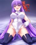  1girl bare_shoulders bb_(fate)_(all) bb_(fate/extra_ccc) black_legwear blanket breasts breath collared_leotard covered_navel erect_nipples eyebrows_visible_through_hair fate/grand_order fate_(series) gloves hair_between_eyes hair_ribbon highres indoors kneeling lace lace-trimmed_legwear large_breasts leotard long_hair looking_at_viewer open_mouth purple_eyes purple_hair red_ribbon ribbon solo sweat sweatdrop thighhighs very_long_hair white_gloves white_leotard zanntetu 