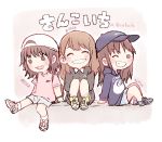  3girls akb48 backpack backwards_hat bag bangs baseball_cap black_dress blue_headwear blue_hoodie blush brown_eyes brown_hair character_name chibi commentary_request dress grey_footwear grin hat hood hood_down katou_rena kizaki_yuria leg_hug long_hair long_sleeves looking_at_viewer mole mole_under_eye mole_under_mouth multiple_girls one_eye_closed ooshima_ryouka pink_shirt real_life reebok shirt shoes short_sleeves sitting smile sneakers taneda_yuuta v-shaped_eyebrows white_headwear yellow_footwear 