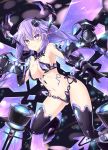  1girl black_background black_legwear breasts highres kazuneko_(wktk1024) looking_at_viewer navel neptune_(series) purple_eyes purple_hair purple_heart_(chaos_form) smile tattoo 