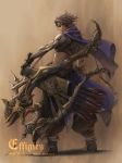  1boy absurdres armor arrow bow_(weapon) cape commentary english_text engrish_text fantasy full_body goggles goggles_on_head grey_hair highres male_focus nishi original quiver ranguage sepia simple_background solo weapon 