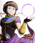  1girl boku_no_hero_academia bracer circlet cosplay crystal_ball fingerless_gloves gloves gorget highres jirou_kyouka kellzallday30 menat menat_(cosplay) purple_hair short_hair signature simple_background white_background 