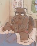 2014 anthro bed belly blush brown_fur canid canine clothing cum cum_on_hand cum_on_stomach erection fur humanoid_hands humanoid_penis kanidaikon male mammal moobs penis raccoon_dog sitting slightly_chubby solo tanuki underwear 