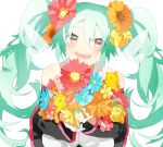  1girl :d ai_kotoba_ii_(vocaloid) alternate_color alternate_eye_color bare_shoulders blue_flower blue_hair blue_nails blush bow bowtie crown detached_sleeves enma614_(patidonn) eyebrows_visible_through_hair eyelashes eyes_visible_through_hair fingernails flower hair_flower hair_ornament hatsune_miku holding holding_flower long_hair looking_at_viewer nail_polish open_mouth orange_flower pink_eyes pink_flower round_teeth see-through simple_background smile solo stuffed_animal stuffed_bunny stuffed_toy teddy_bear teeth toy twintails upper_body upper_teeth very_long_hair vocaloid white_background wings yellow_flower 
