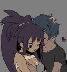  1boy 1girl blue_hair breasts creatures_(company) dark_skin eyebrows game_freak iris_(pokemon) liline_(liline_01) long_hair nintendo open_mouth original_character pokemon pokemon_(game) pokemon_bw2 purple_hair red_eyes shirt short_hair simple_background tied_hair tongue tongue_out very_long_hair 