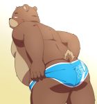  2019 anthro belly brown_fur butt clothing fur humanoid_hands japanese_text male mammal moobs overweight overweight_male penta002 simple_background solo text underwear ursid 