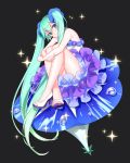  1girl absurdres alternate_costume aqua_hair bare_arms bare_legs bare_shoulders black_background blue_eyes blue_flower dew_drop dress eyebrows_visible_through_hair flower flower_request frilled_dress frills full_body hagehiro hatsune_miku head_tilt high_heels highres index_finger_raised legs_crossed long_hair looking_at_viewer open_toe_shoes simple_background sitting smile solo sparkle sparkle_background strapless thighs toenails twintails very_long_hair vocaloid water water_drop white_dress white_footwear 