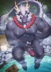  anthro barazoku beads biceps dragon eastern_dragon facial_hair frde goatee horn hot_spring humanoid_penis kemono looking_at_viewer male muscular nipple_pinch nipples pecs penis pinch scalie solo tongue tongue_out uncensored water 