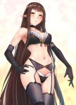 1girl black_choker blush bra breasts brown_eyes brown_hair character_request choker cleavage copyright_request elbow_gloves fate/apocrypha fate_(series) gloves hand_on_hip lace lace-trimmed_bra lace-trimmed_panties large_breasts lingerie panties semiramis_(fate) solo thighhighs underwear white_background white_bag zucchini 