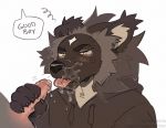  black_nose blush canid canine clothed clothing cum cum_in_mouth cum_inside cum_on_face dialogue english_text male male/male mammal murkbone open_mouth sweat teeth text tongue tongue_out 