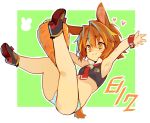  1girl animal_ears armpits brown_hair bunny_ears bunny_tail carrot engawa_oishii female heart highres necktie no_pants original panties short_hair smile solo striped striped_panties tail underwear 