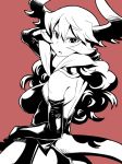  1girl breasts curly_hair demon_girl demon_horns demon_tail dress elbow_gloves fang from_behind gloves gorget hand_in_hair high_contrast horns large_breasts long_hair looking_back maou_beluzel matsuda_yuusuke monochrome pink_background revision solo strapless strapless_dress tail yuusha_to_maou 