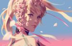  1girl blonde_hair blue_eyes blurry_foreground cherry_blossoms eyelashes flower hage2013 hair_flower hair_ornament lips long_hair looking_at_viewer mercy_(overwatch) nose overwatch petals pink_mercy pink_ribbon portrait ribbon simple_background solo twintails twitter_username 