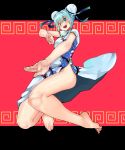  1girl alternate_costume alternate_hair_length alternate_hairstyle aqua_hair barefoot blush bottomless china_dress chinese_border chinese_clothes clenched_hand commentary_request double_bun dress eiji_(eiji) eyebrows_visible_through_hair feet fighting_stance floral_print hatsune_miku head_tilt highres jumping looking_at_viewer no_panties open_mouth short_hair short_sleeves smile solo toes upper_teeth vocaloid 