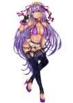  1girl :q absurdres arm_up armpits bangs bare_shoulders bb_(fate)_(all) bb_(swimsuit_mooncancer)_(fate) bead_bracelet beads belt belt_buckle bikini black_gloves blush bracelet breasts buckle cleavage closed_mouth collarbone dark_skin earrings eyebrows_visible_through_hair fate/grand_order fate_(series) fingerless_gloves full_body garter_belt gloves hair_ornament hair_ribbon high_heels highres jewelry large_breasts long_hair looking_at_viewer nail_polish navel purple_bikini purple_eyes purple_footwear purple_hair purple_nails purple_ribbon ribbon single_earring skindentation smile solo star star_earrings star_hair_ornament stirrup_legwear stomach straight_hair studded_bikini swimsuit thighhighs thong_bikini toeless_legwear toenail_polish tongue tongue_out v v-shaped_eyebrows very_long_hair white_background wu_ji_miao 