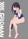  1girl bare_legs barefoot black_hair blue_eyes blue_swimsuit breasts closed_mouth competition_swimsuit full_body grey_background hair_tucking highres kengo medium_breasts medium_hair one-piece_swimsuit simple_background sitting smile solo ssss.gridman swim_cap swim_cap_removed swimsuit takarada_rikka thighs wet wet_hair 