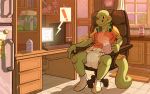  afterglow anthro bedding beverage blanket blush chair clothed clothing coffee computer daire301 desktop diaper digital_media_(artwork) headphones legwear lizard male office_chair reptile scalie shirt smile smirk socks yellow_eyes 