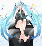  1girl amplifier aqua_hair bare_legs bare_shoulders barefoot breasts commentary_request eiji_(eiji) eyes_closed feet hatsune_miku long_hair medium_breasts miniskirt music musical_note necktie open_mouth singing sitting skirt soles solo toes twintails very_long_hair vocaloid wings zipper 