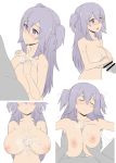  1girl blush breasts cum cum_on_body cum_on_breasts cum_on_upper_body gakusen_toshi_asterisk hair_between_eyes highres large_breasts lavender_hair long_hair looking_at_viewer lying nao_(ritsancrossover) nipples nude on_back on_bed open_mouth paizuri penis_to_nipple solo_focus topless toudou_kirin twintails 
