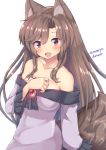  1girl :d alternate_color animal_ear_fluff animal_ears bangs bare_shoulders blush breasts brooch brown_hair collarbone commentary_request fang hand_on_own_chest imaizumi_kagerou jewelry lavender_dress long_hair looking_at_viewer medium_breasts off_shoulder onomiya open_mouth red_eyes shawl shiny shiny_hair smile solo standing swept_bangs tail touhou twitter_username upper_body very_long_hair wolf_ears wolf_tail 