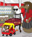  anthro beverage_can boomer brown_hair clothed clothing crocs cub eyewear forked_tongue fully_clothed group hair hand_holding holding_object inside long_hair meme monster_energy naga red_eyes reptile saintversa scalie shopping skirt smile snake sunglasses tongue tongue_out waifu young 