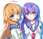  2girls absurdres angel_beats! bangs blue_eyes commentary_request eyebrows_visible_through_hair eyes_visible_through_hair from_above hair_between_eyes highres irie_(angel_beats!) key_(company) long_hair long_sleeves looking_at_viewer looking_up multiple_girls orange_hair pink_ribbon purple_eyes purple_hair ribbon school_uniform sekine serafuku shinda_sekai_sensen_uniform shirt simple_background upper_body white_background white_shirt zuzuhashi 