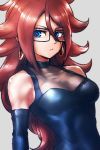  1girl android_21 bare_shoulders black-framed_eyewear black_dress blue_eyes breasts brown_hair choker cleavage collarbone commentary_request curly_hair detached_sleeves dragon_ball dragon_ball_fighterz dress earrings flat_color glasses grey_background hoop_earrings jewelry long_hair looking_at_viewer medium_breasts parted_lips sleeveless sleeveless_dress st62svnexilf2p9 upper_body very_long_hair 