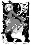  1girl bag blackcat_(pixiv) breasts collared_dress daikon dated dot_nose dress electricity eyebrows_visible_through_hair floating ghost_tail greyscale groceries grocery_bag hair_between_eyes hat hat_ribbon holding holding_bag lightning_bolt long_sleeves looking_at_viewer monochrome multiple_tails new_mask_of_hope radish ribbon shopping_bag short_hair sleeves_past_fingers sleeves_past_wrists soga_no_tojiko tail tate_eboshi touhou toyosatomimi_no_miko two_tails 