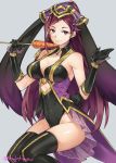  1girl alternate_costume animal_ears bare_shoulders black_gloves black_leotard braid breasts bunny_ears bunny_suit carrot cleavage closed_mouth commentary earrings fire_emblem fire_emblem_heroes food gebyy-terar gloves grey_background hair_ornament hat highres holding holding_food jewelry large_breasts leotard lips loki_(fire_emblem_heroes) long_hair looking_at_viewer nintendo purple_eyes purple_hair smile solo thighhighs thighs 