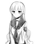  1girl absurdres angel_beats! bangs closed_mouth commentary_request expressionless eyebrows_visible_through_hair eyes_visible_through_hair greyscale hair_down hair_ornament hair_ribbon headset highres key_(company) long_hair long_sleeves looking_to_the_side microphone monochrome ribbon school_uniform serafuku shinda_sekai_sensen_uniform shirt simple_background solo standing upper_body very_long_hair white_background white_shirt yusa_(angel_beats!) zuzuhashi 