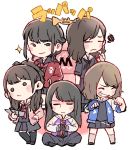  &gt;:( 5girls ^_^ akb48 bangs black_gloves black_hair black_legwear black_neckwear black_serafuku black_shirt black_skirt blue_gloves blue_jacket blush_stickers brown_hair chibi clenched_hands closed_eyes commentary_request eyes_closed fingerless_gloves gloves half_updo hands_together iriyama_anna jacket kawaei_rina kizaki_yuria kneehighs long_hair looking_at_viewer majisuka_gakuen multiple_girls neckerchief pink_jacket pleated_skirt purple_jacket red_jacket red_neckwear school_uniform serafuku shimazaki_haruka shirt sidelocks sitting skirt smile sparkle squiggle taneda_yuuta wavy_mouth yokoyama_yui 