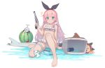  /\/\/\ 1girl arm_at_side bare_legs barefoot bikini blue_eyes blush closed_mouth feet flat_chest food frown fruit gun handgun hose long_hair looking_at_viewer official_art pink_hair sitting solo surfboard swimsuit transparent_background trigger_discipline v-shaped_eyebrows warship_girls_r water watermelon weapon white_bikini yuri_shoutu z17_diether_von_roeder_(warship_girls_r) 