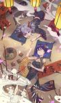  2girls bare_legs bare_shoulders blue_dress blue_hair blush bronya_zaychik brush cat cherry_blossoms china_dress chinese_clothes cleavage_cutout commentary_request dress drill_hair dubian_xiang fan happy highres holding holding_fan homu_(honkai_impact) honkai_(series) honkai_impact_3 indoors japanese_clothes kimono lantern long_hair lying multiple_girls on_back on_stomach pantyhose pelvic_curtain pillow plate print_dress print_kimono red_string seele_vollerei side_slit silver_hair sleeping smile string teapot thighband_pantyhose tray twin_drills wide_sleeves yuri 