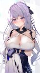  1girl absurdres armor bare_shoulders black_dress black_gloves bow breast_hold breasts bronya_zaychik cleavage commentary_request dress earrings gloves grey_eyes grey_hair hair_bow halter_dress halterneck highres honkai_(series) honkai_impact_3rd jewelry large_breasts long_hair looking_at_viewer parted_lips pauldrons ponytail shoulder_armor single_pauldron sleeveless sleeveless_dress solo upper_body usagi_poi 