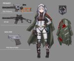  as_val assault_rifle blue_eyes full_body gloves gun hand_on_hip handgun holster hood jacket_on_shoulders knee_pads lithium10mg original pistol rifle silver_hair simple_background sniper_rifle vss_vintorez weapon 