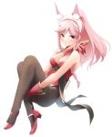  1girl alternate_costume animal_ears black_legwear braid breasts bunny_ears bunny_tail cleavage closed_mouth fake_animal_ears fake_tail fire_emblem fire_emblem:_kakusei fire_emblem_heroes full_body gloves high_heels highres long_hair medium_breasts nintendo olivia_(fire_emblem) pink_eyes pink_hair ponytail simple_background skeptycally solo tail twin_braids twitter_username white_background 