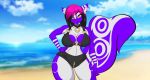  anthro beach big_breasts bikini breasts cleavage clothed clothing compression_artifacts female fur hair mammal mastergodai mephitid multicolored_hair purple_fur seaside skunk solo swimsuit white_fur 