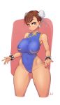  1girl bare_arms bare_shoulders blush bracelet breasts brown_eyes brown_hair capcom chun-li closed_mouth covered_navel cowboy_shot curvy eyebrows_visible_through_hair hair_bun harry_(dudwofla) highleg highleg_swimsuit highres huge_breasts jewelry looking_at_viewer matching_hair/eyes one-piece_swimsuit pink_background short_hair solo spiked_bracelet spikes street_fighter swimsuit thick_thighs thighs white_background wide_hips 