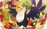  ab-ten autumn_leaves bird bird_focus commentary_request creature creatures_(company) feet_out_of_frame game_freak gen_7_pokemon nintendo no_humans pokemon pokemon_(creature) sitrus_berry solo toucan toucannon 