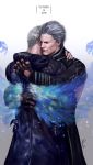  2boys absurdres aura black_coat black_gloves blue_eyes coat devil_may_cry devil_may_cry_5 english_text expressionless father_and_son gloves grey_background hair_slicked_back half-closed_eyes highres hood hood_down hooded_coat hug lizzart-zardonicz male_focus multiple_boys nero_(devil_may_cry) open_clothes open_coat short_hair signature silver_hair simple_background vergil white_hair 