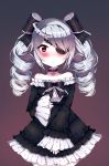  1girl bad_hands bare_shoulders blush bow drawfag drill_hair eyepatch gothic_lolita grey_hair highres infinite_stratos laura_bodewig lolita_fashion looking_at_viewer red_eyes simple_background twin_drills 