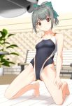  1girl absurdres barefoot bench black_swimsuit blurry bow brown_eyes competition_swimsuit depth_of_field green_bow grey_hair hair_bow highres indoors kantai_collection kneeling one-piece_swimsuit plant ponytail short_hair sidelocks solo swimsuit takafumi yuubari_(kantai_collection) 