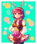  ... 1girl adapted_costume alternate_costume animal_ears aqua_background armlet black_legwear bracelet breasts bunny_ears bunny_hair_ornament cleavage cowboy_shot dress easter easter_egg egg fire_emblem fire_emblem:_seima_no_kouseki fire_emblem_heroes floral_background frilled_dress frills hair_ornament hairband hzk_(ice17moon) jewelry lute_(fire_emblem) medium_breasts nintendo pantyhose parted_lips purple_eyes purple_hair see-through short_dress short_hair sidelocks simple_background sleeveless sleeveless_dress solo spoken_ellipsis 