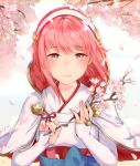  1girl blush capelet cherry_blossoms fire_emblem fire_emblem_if flower hairband haru_(nakajou-28) holding_branch japanese_clothes light_particles nintendo petals pink_eyes pink_hair portrait sakura_(fire_emblem_if) shiny shiny_hair short_hair sleeves_past_wrists smile solo tree upper_body 