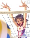  1girl armpits arms_up artist_logo bandage bangs blocking blurry blurry_foreground brown_eyes brown_hair commentary depth_of_field frown girls_und_panzer jumping kawanishi_shinobu open_mouth pairan red_shirt red_shorts shirt short_hair short_ponytail shorts single_vertical_stripe sleeveless sleeveless_shirt solo sportswear sweat swept_bangs v-shaped_eyebrows volleyball volleyball_net volleyball_uniform white_background 