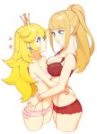  2girls alternate_costume arms_around_waist ass bare_arms bare_shoulders blonde_hair blue_eyes blush bra breasts cleavage collarbone couple cropped_legs crown eye_contact eyebrows_visible_through_hair eyelashes female frilled_bra frilled_panties frills hair_between_eyes halphelt heart highres hug lace lace-trimmed_bra lace-trimmed_panties large_breasts light_blush lips long_hair looking_at_another mario_(series) medium_breasts metroid mini_crown multiple_girls neck nintendo panties parted_lips pink_bra pink_panties ponytail princess_peach red_bra red_panties samus_aran scrunchie simple_background smile standing strapless strapless_bra super_mario_bros. super_smash_bros. underwear white_background wrist_scrunchie yuri 