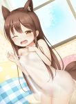  1girl animal_ear_fluff animal_ears breasts brown_hair camisole dog_ears dog_tail drooling fang highres long_hair navel one_eye_closed open_mouth orange_eyes original psyche3313 see-through sleepy sleeveless small_breasts tail tears window 